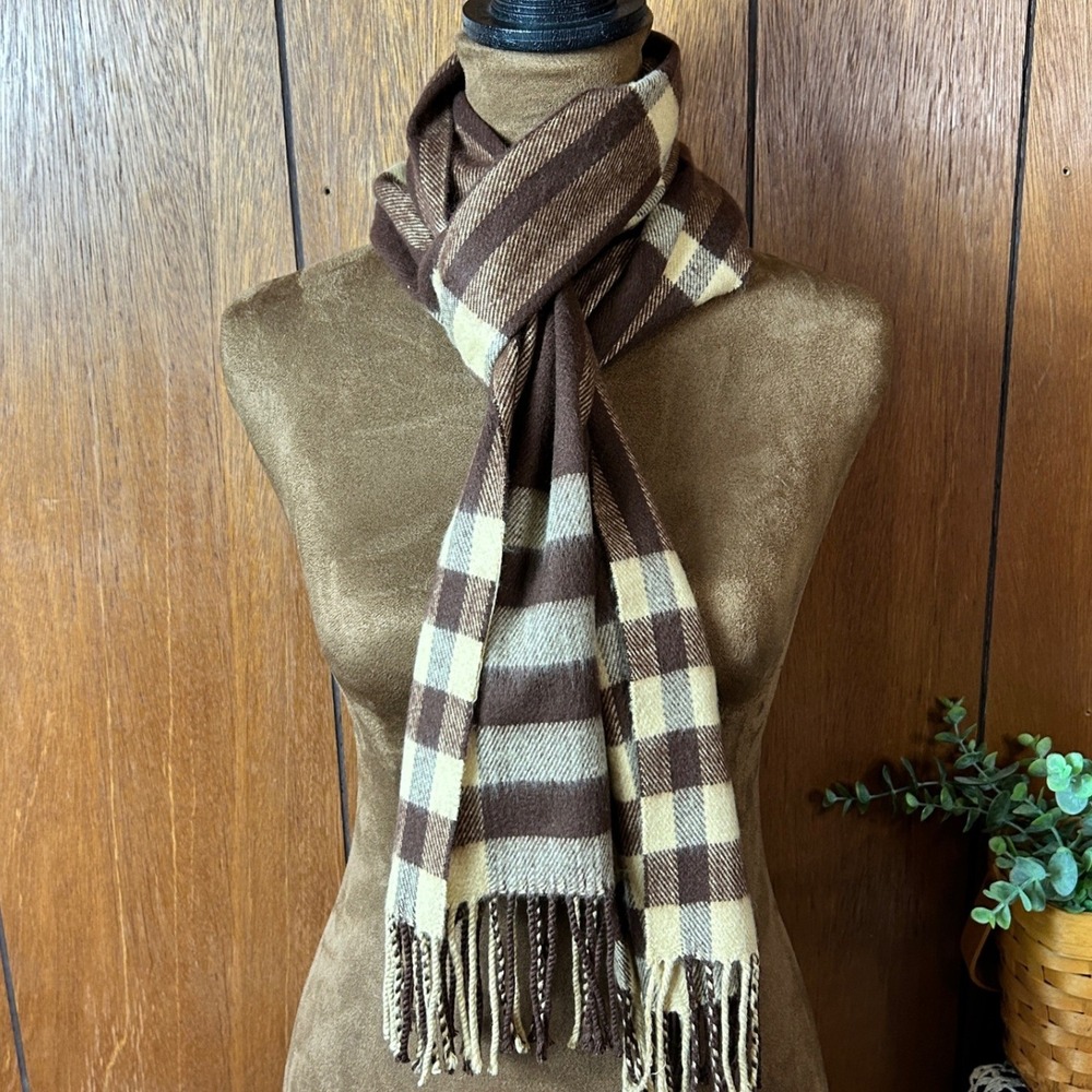 Brown Beige Plaid Scarf Fringe Wool Blend Cozy Winter Warm Accessory